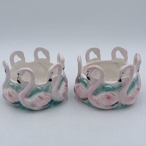 Pair of 2 Vintage 1960s MCM Pink Flamingo Ceramic Planters or LG Candle Holders
